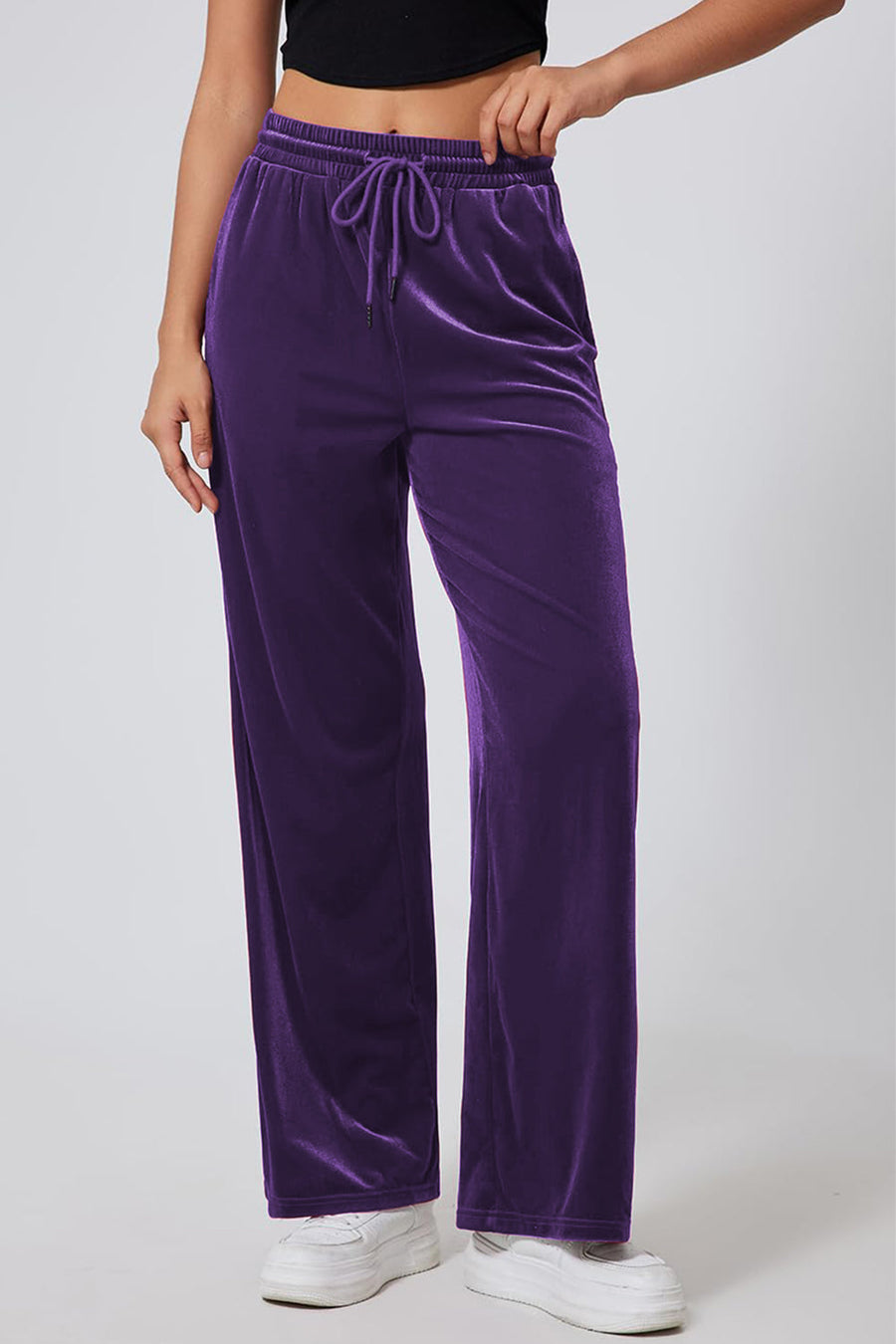 Velvet palazzo lounge trousers in violet with drawstring waist and wide leg