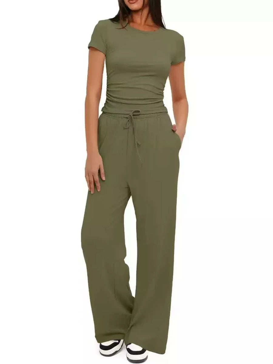 Ruched Short-sleeve Pants in Light Blue
