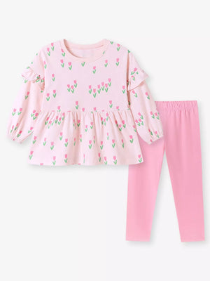 Pink peplum top and leggings set featuring ruffles and floral