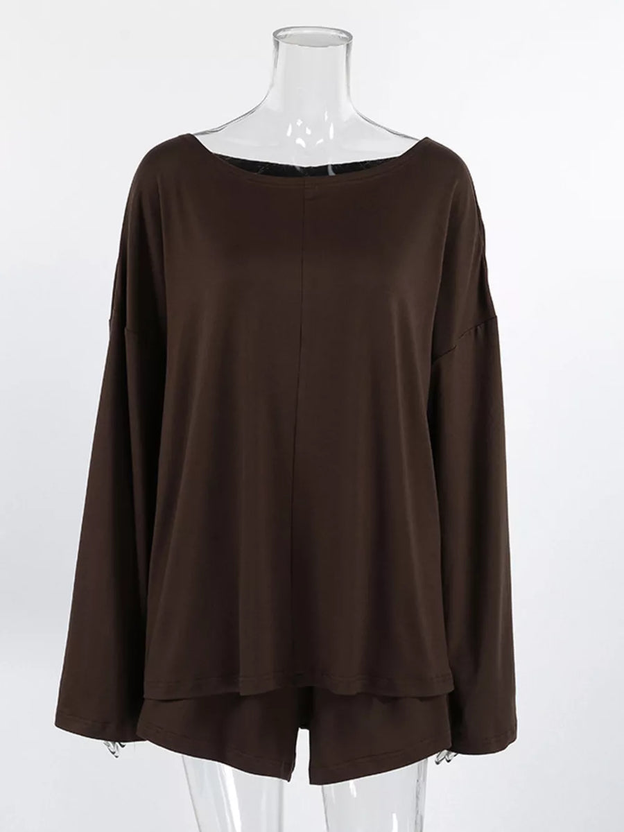 Oversized Long Sleeve Top And Shorts Lounge Set in Black with basic style