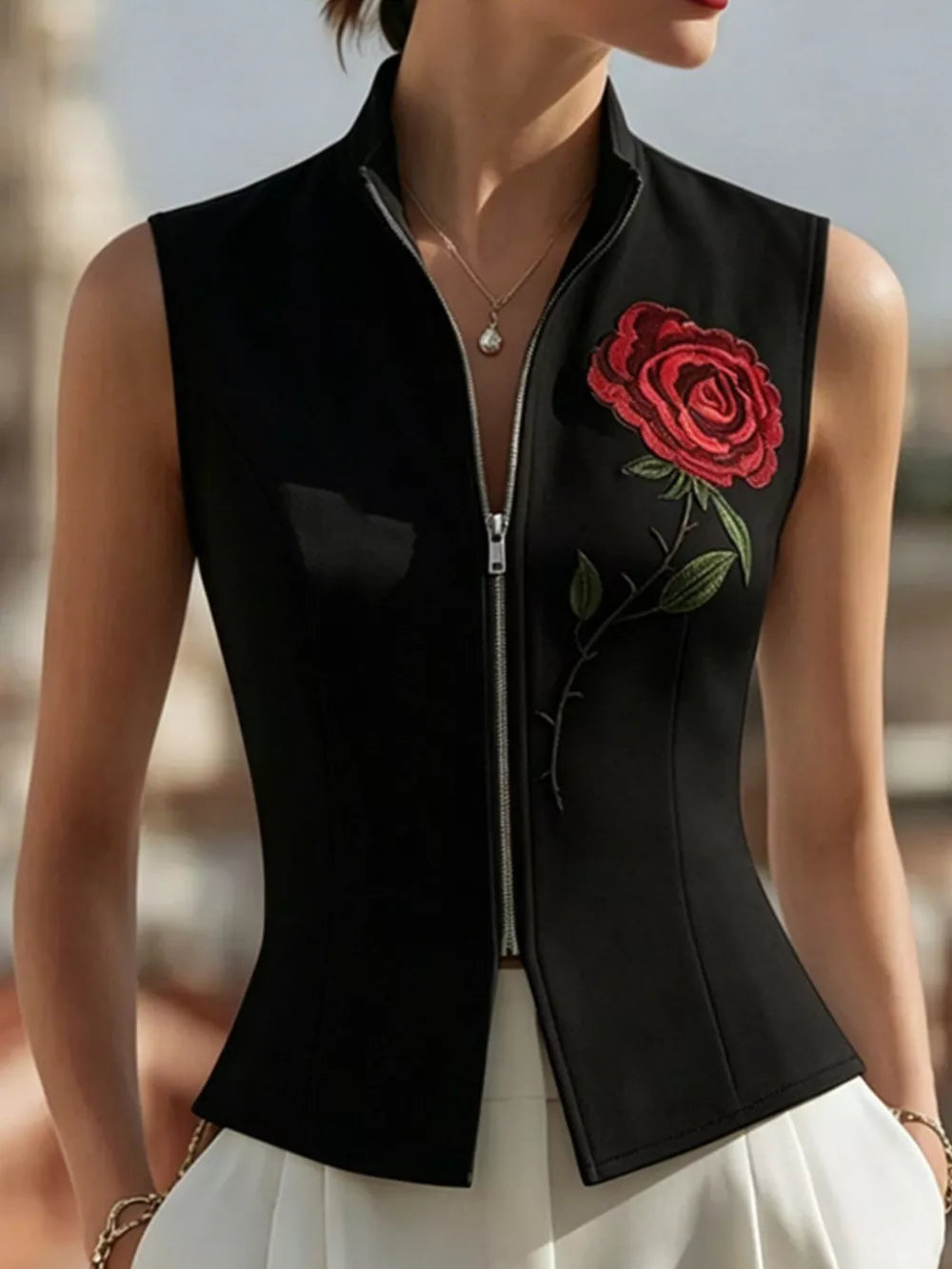 Pink with Rose Zip Up Sleeveless Shirt