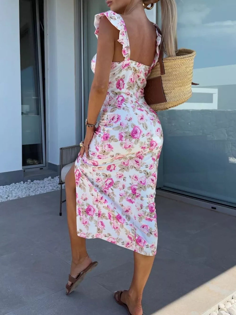 Floral sweetheart midi dress with ruffle straps and a thigh slit.