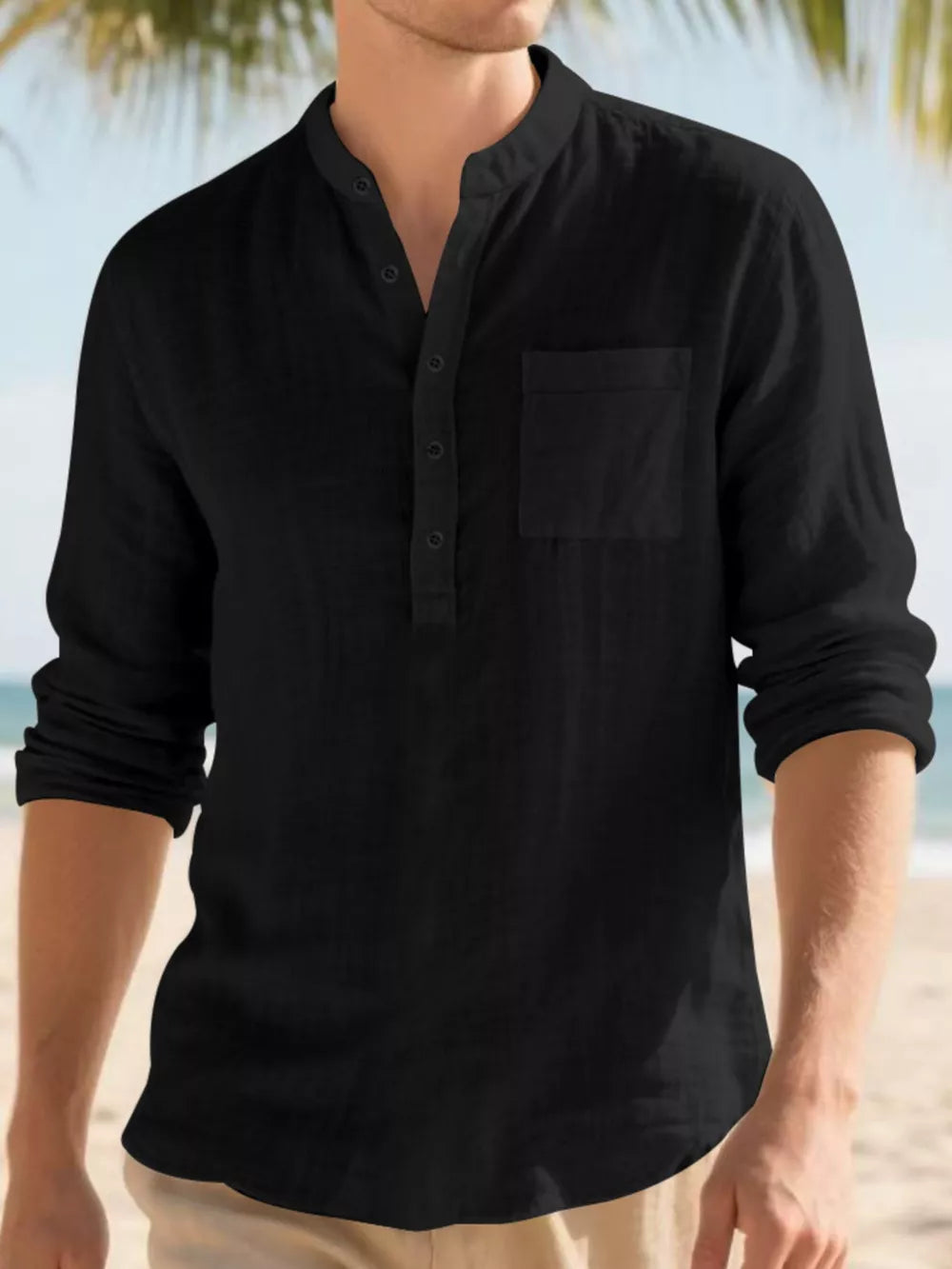 Black cotton band-collar button-down shirt with chest pocket