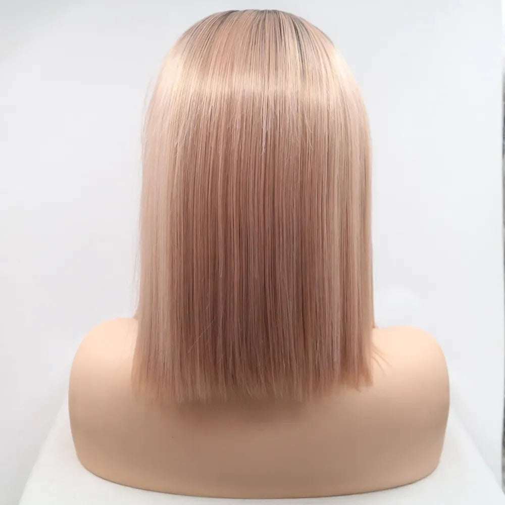 Ombre bob wig in black and pink, straight cut, shown from the back.