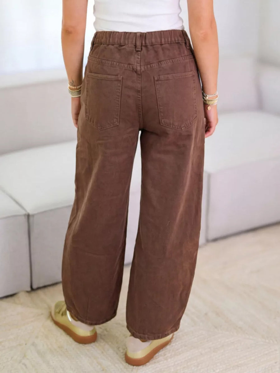 Army Green wide-leg jeans with ankle-length and button and zip-front