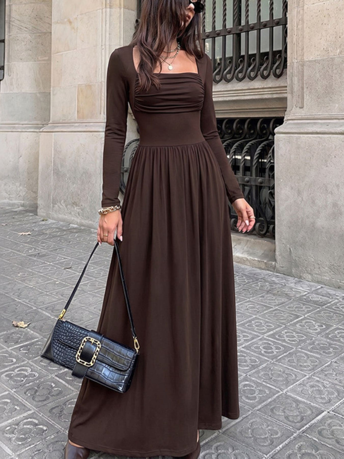 maxi dress in dark brown featuring ruched and A-line fit