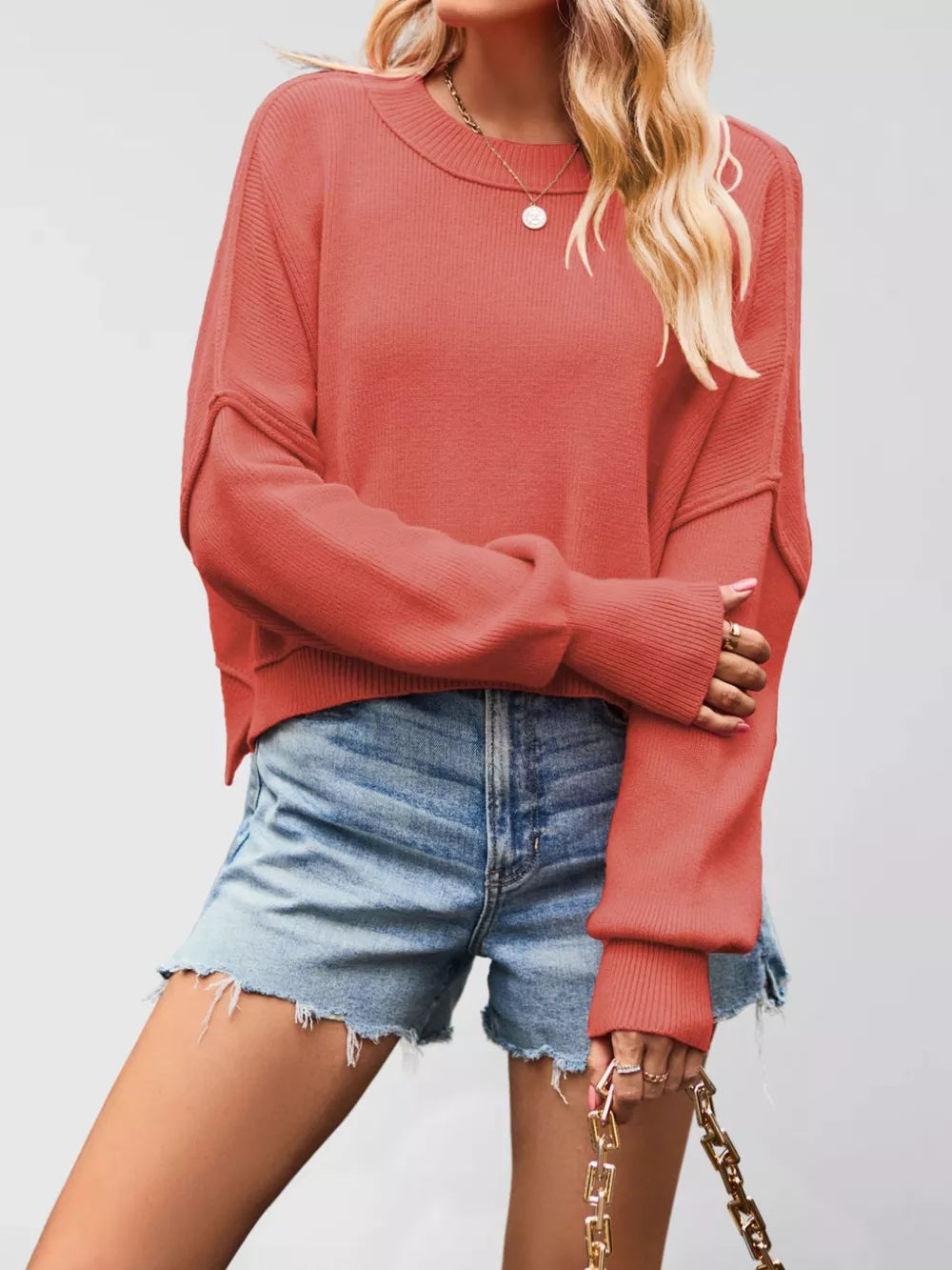 Crew-neck Oversized Ribbed Sweater in Blue with ribbed