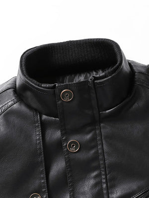 Black faux leather jacket with ribbed collar and button details.