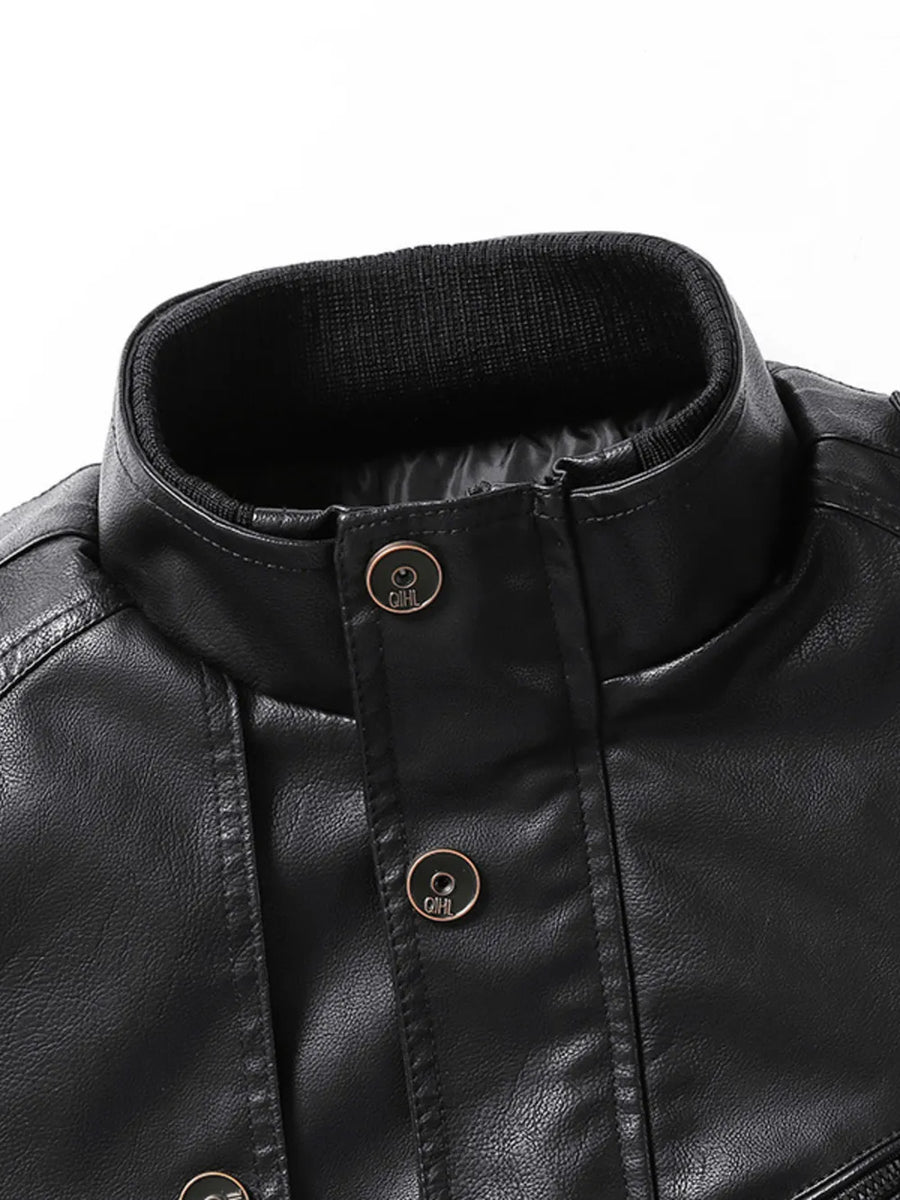 Black faux leather jacket with ribbed collar and button details.