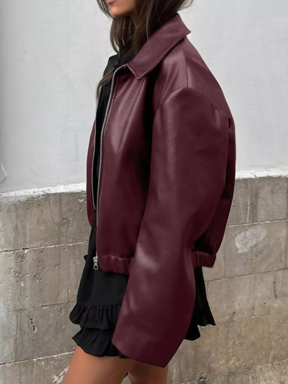 Faux Leather Zip Up Jacket in Burgundy with zipper