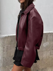 Faux Leather Zip Up Jacket in Burgundy with zipper