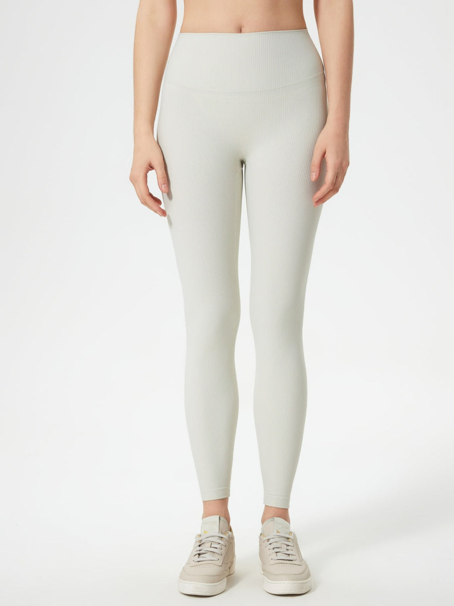 Light Gray ribbed high-waist leggings with a seamless fit.