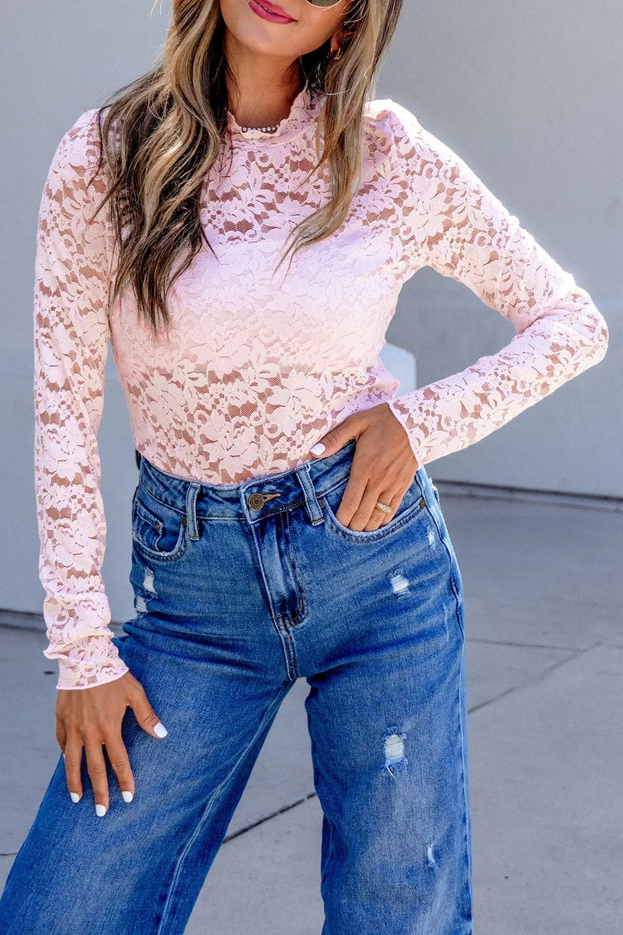 Floral Lace Long Sleeve Stand Neck Top option 6
