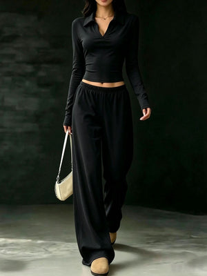 Long-Sleeve Polo Top And Wide-Leg Pants Set in Dark Brown with long sleeve