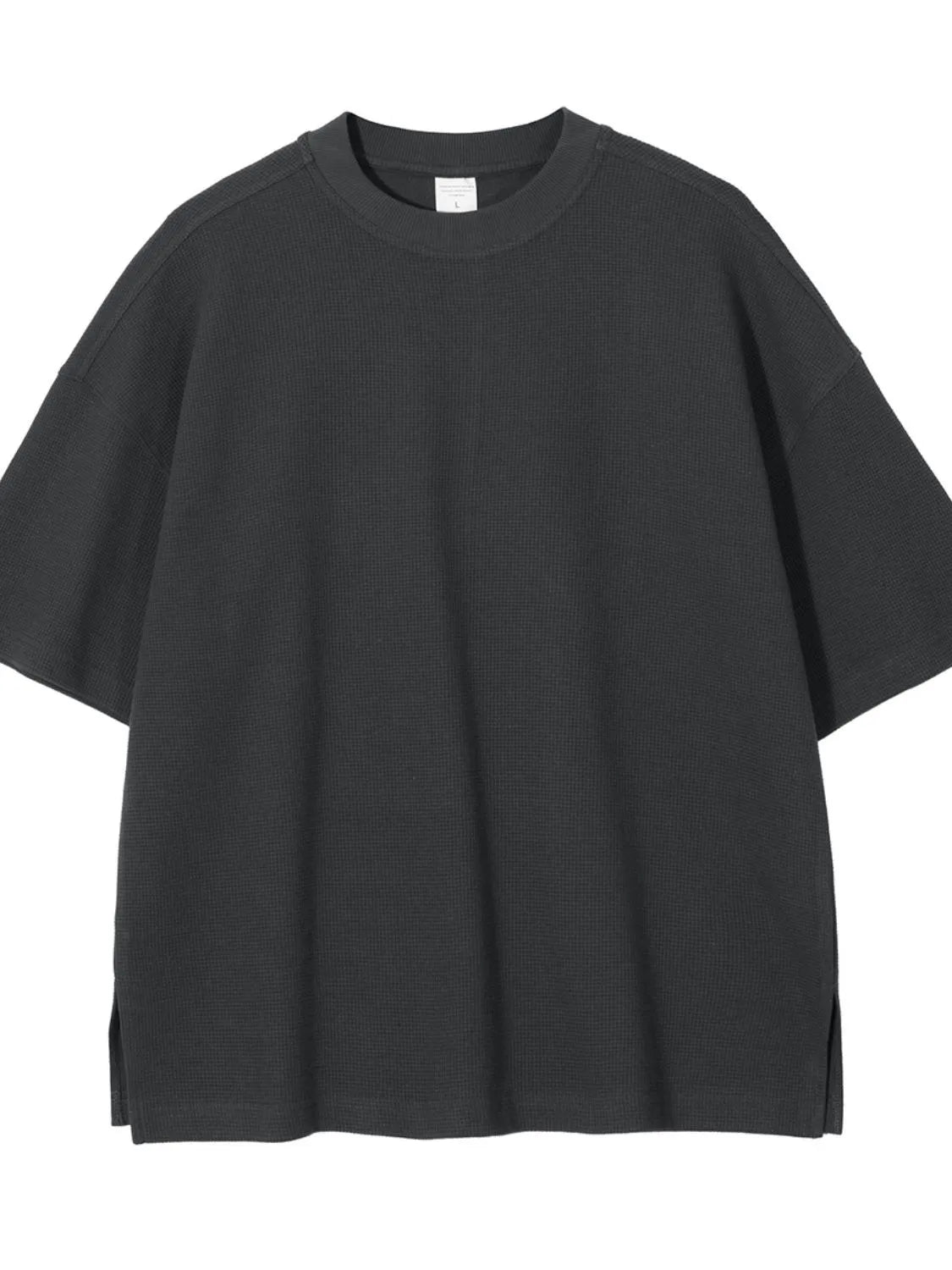 Dark Gray waffle knit boxy t-shirt with crew neck and short sleeves.