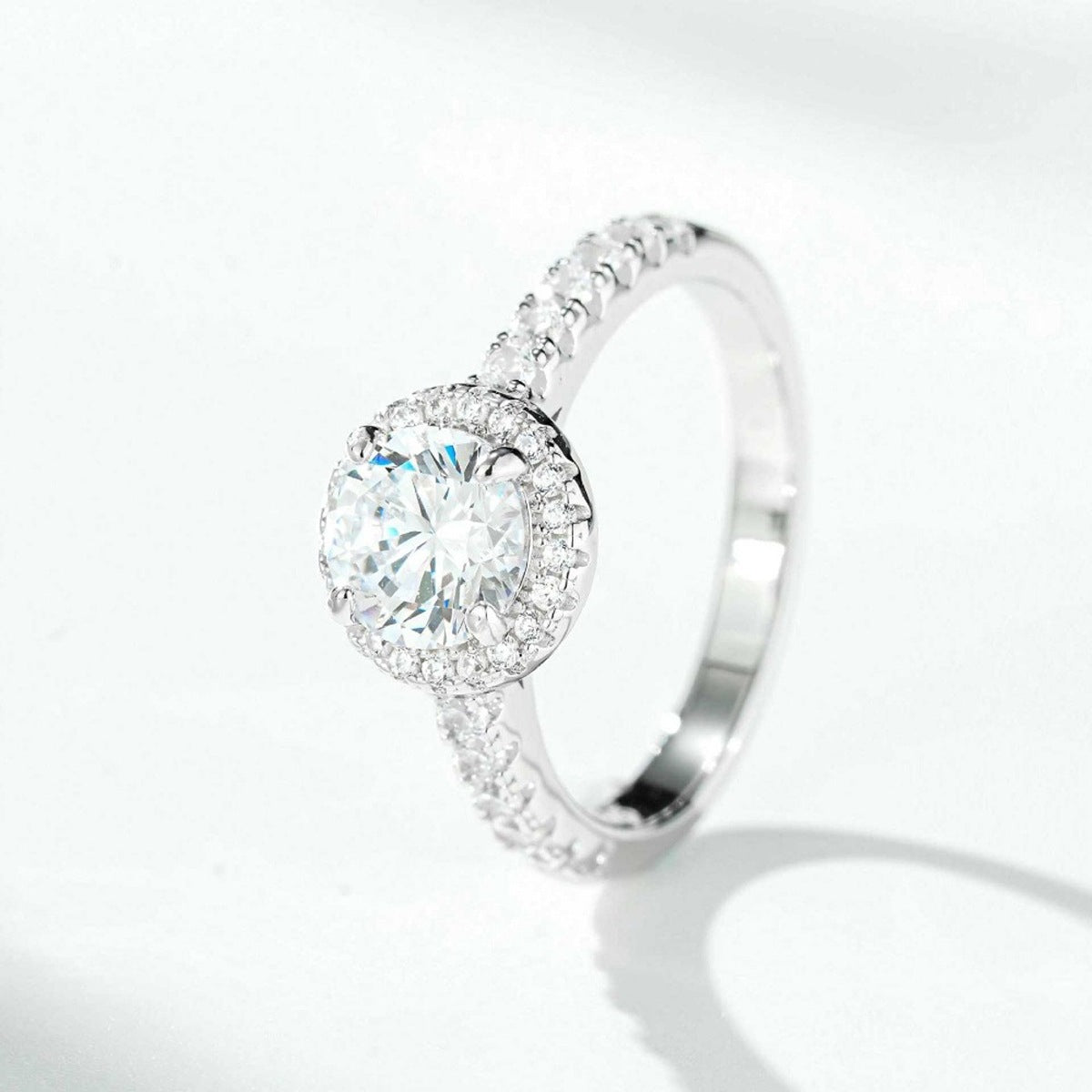 Halo Pave 1 Carat 925 Sterling Silver Moissanite Ring in clear with halo setting