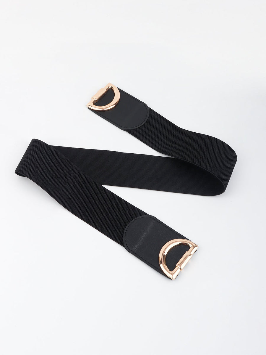 Black elastic belt with double D gold buckle detail