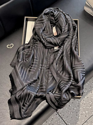 Black Tencel cotton scarf with geometric pattern and fringe detail