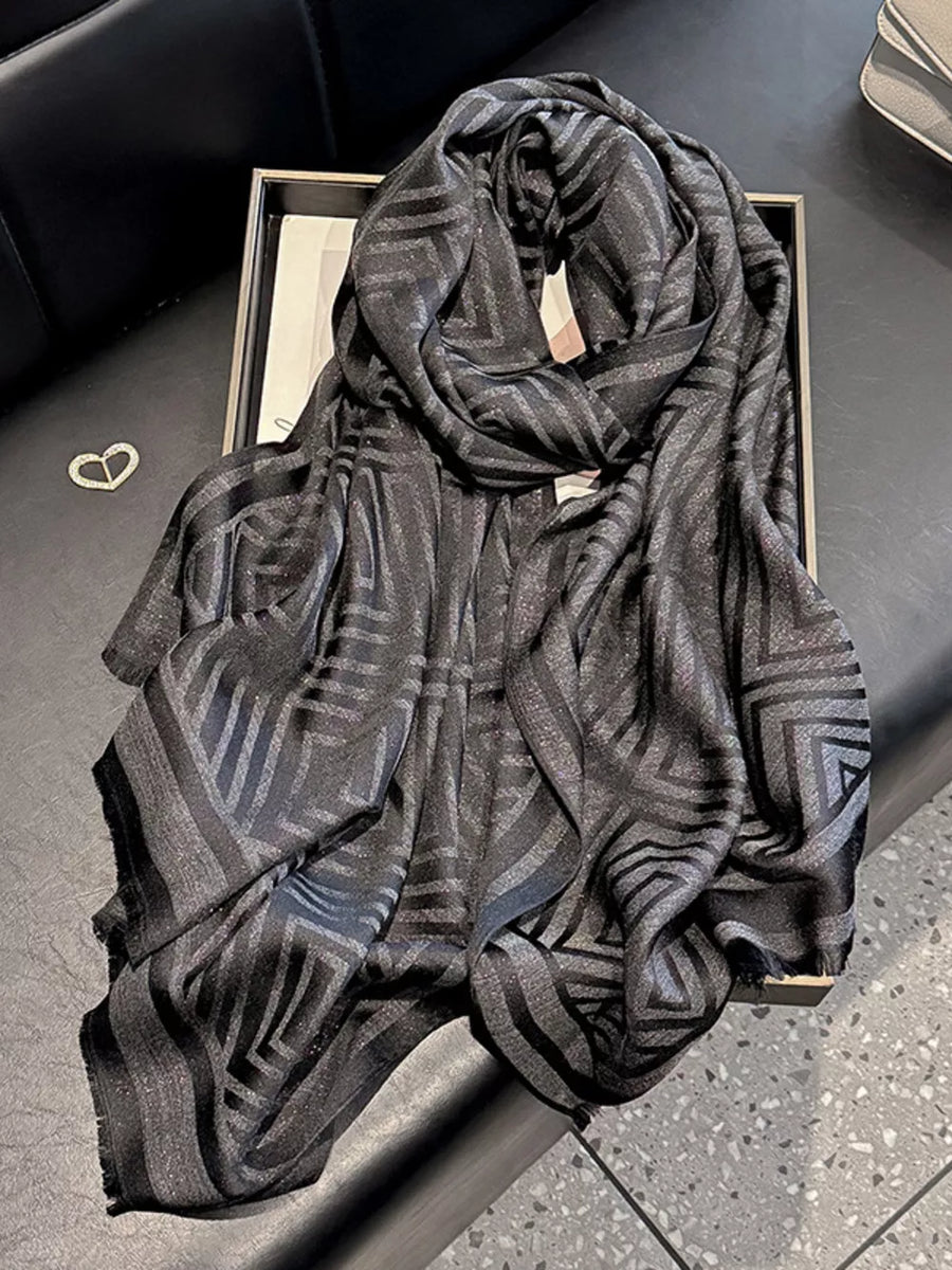 Black Tencel cotton scarf with geometric pattern and fringe detail