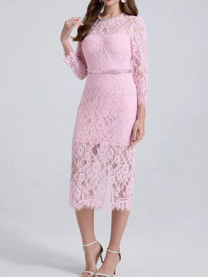 Pink lace midi dress with sheer sleeves and a satin belt