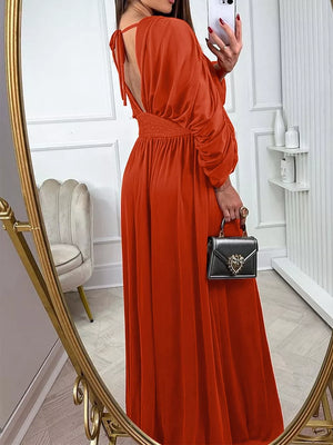 Smocked Ruched Sleeve Maxi Dress in Orange-Red