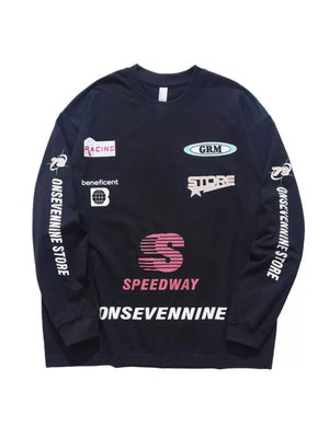 Black long sleeve t-shirt with racing graphics and text details.
