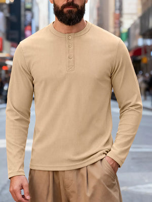 Men's Khaki long sleeve Henley t-shirt with button placket and crew neck.