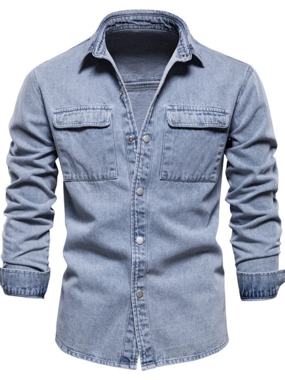 Light faded denim utility shirt jacket with two chest pockets and button front.
