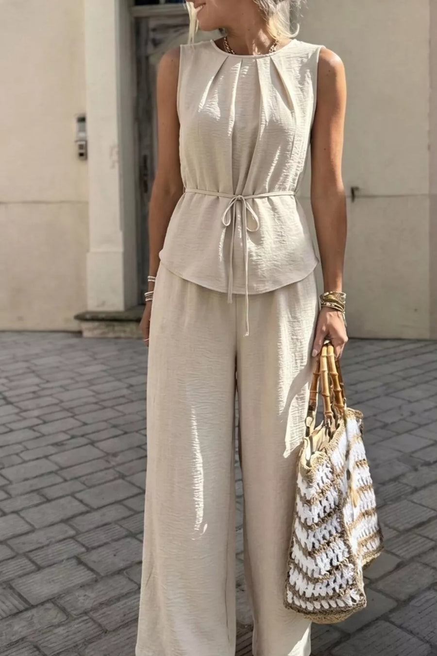 Pleated Sleeveless Top And Wide-leg Pants Set option 5