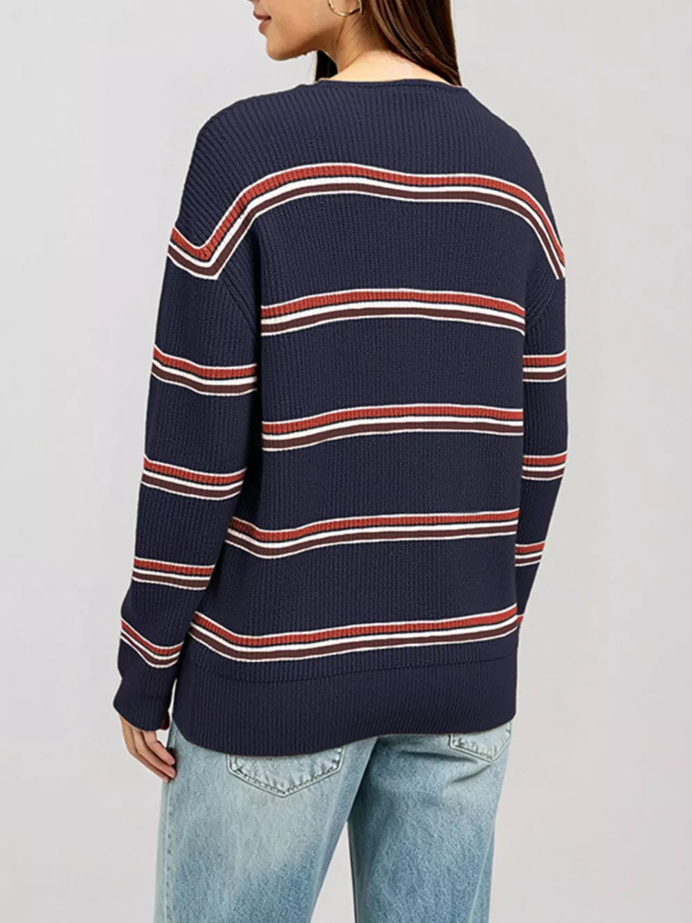 Khaki pullover sweater featuring ribbed and striped