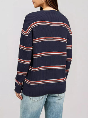 Khaki pullover sweater featuring ribbed and striped