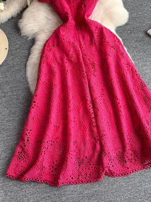 Fuchsia pink lace A-line dress with cutout detail and scalloped hem.