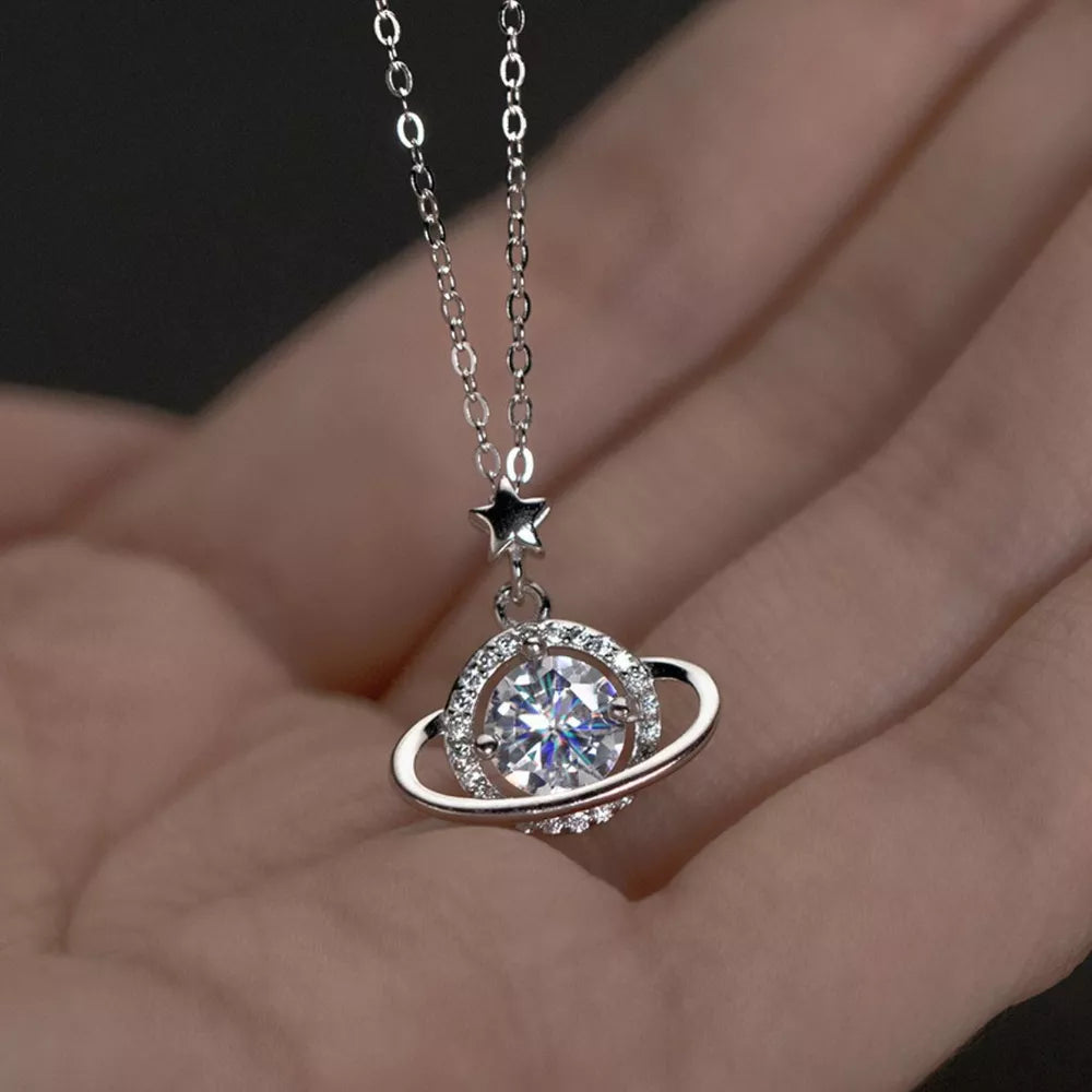 clear necklace featuring moissanite stone and geometric