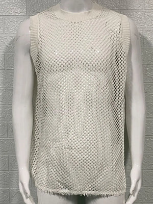 Ivory open-knit tank top with ribbed trim and a mesh pattern.