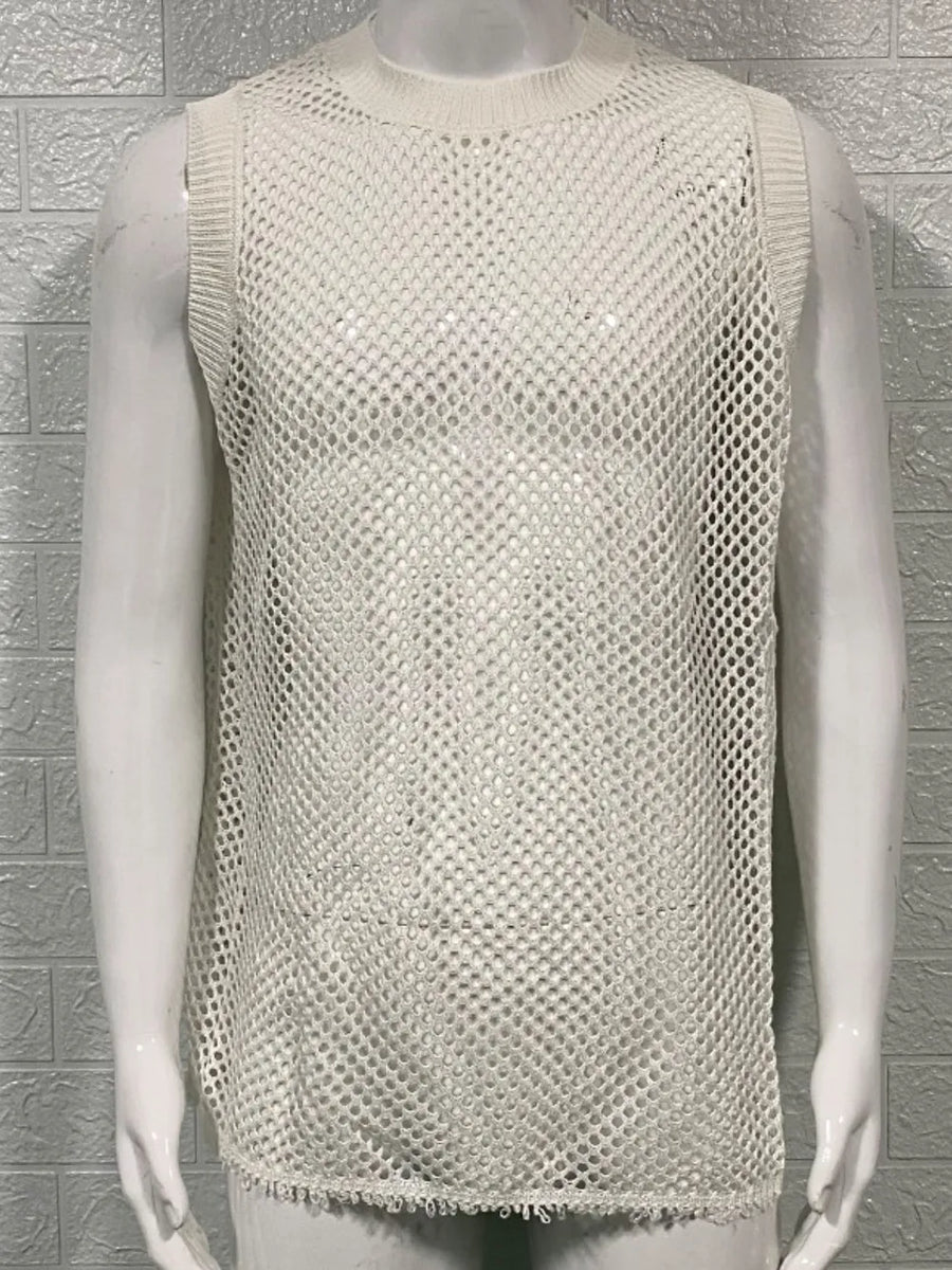 Ivory open-knit tank top with ribbed trim and a mesh pattern.