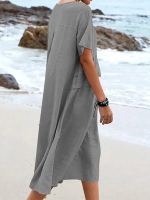 Full Size Casual Linen Blend Midi Dress in Khaki