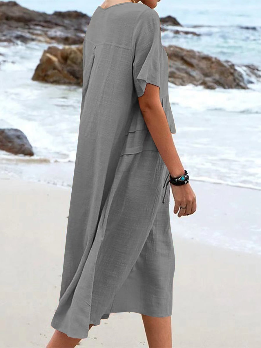 Full Size Casual Linen Blend Midi Dress in Khaki