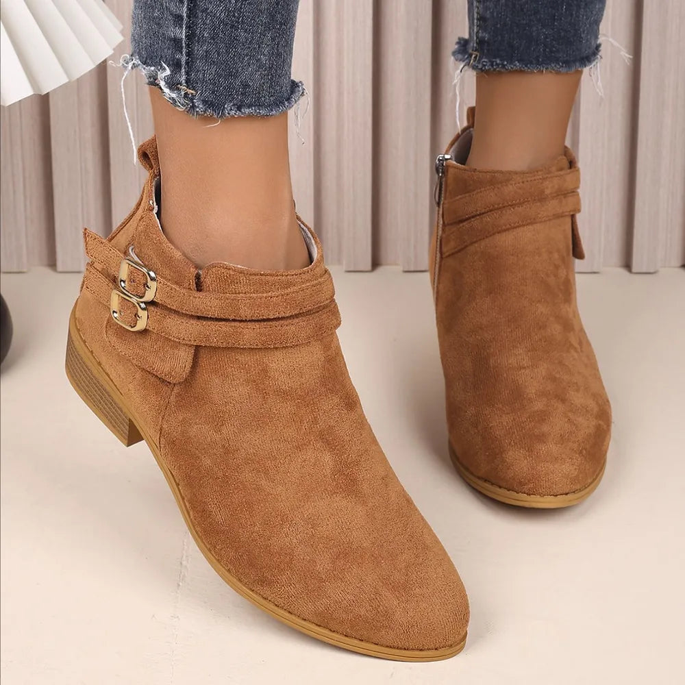 Ochre suede ankle booties with double buckle detail and side zipper