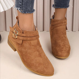 Ochre suede ankle booties with double buckle detail and side zipper