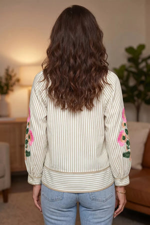 Striped button-up shirt with floral embroidery on sleeves and contrast trim