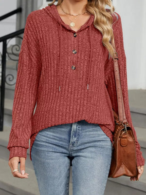 Ribbed Knit Drawstring Hoodie in Red