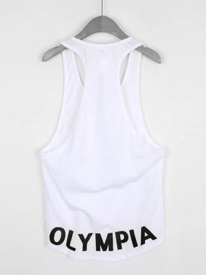 White Olympia racerback tank top with black lettering