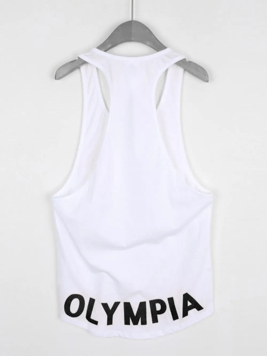 White Olympia racerback tank top with black lettering