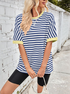 Striped Breton tee with royal blue and white stripes, lemon trim, and crew neck.