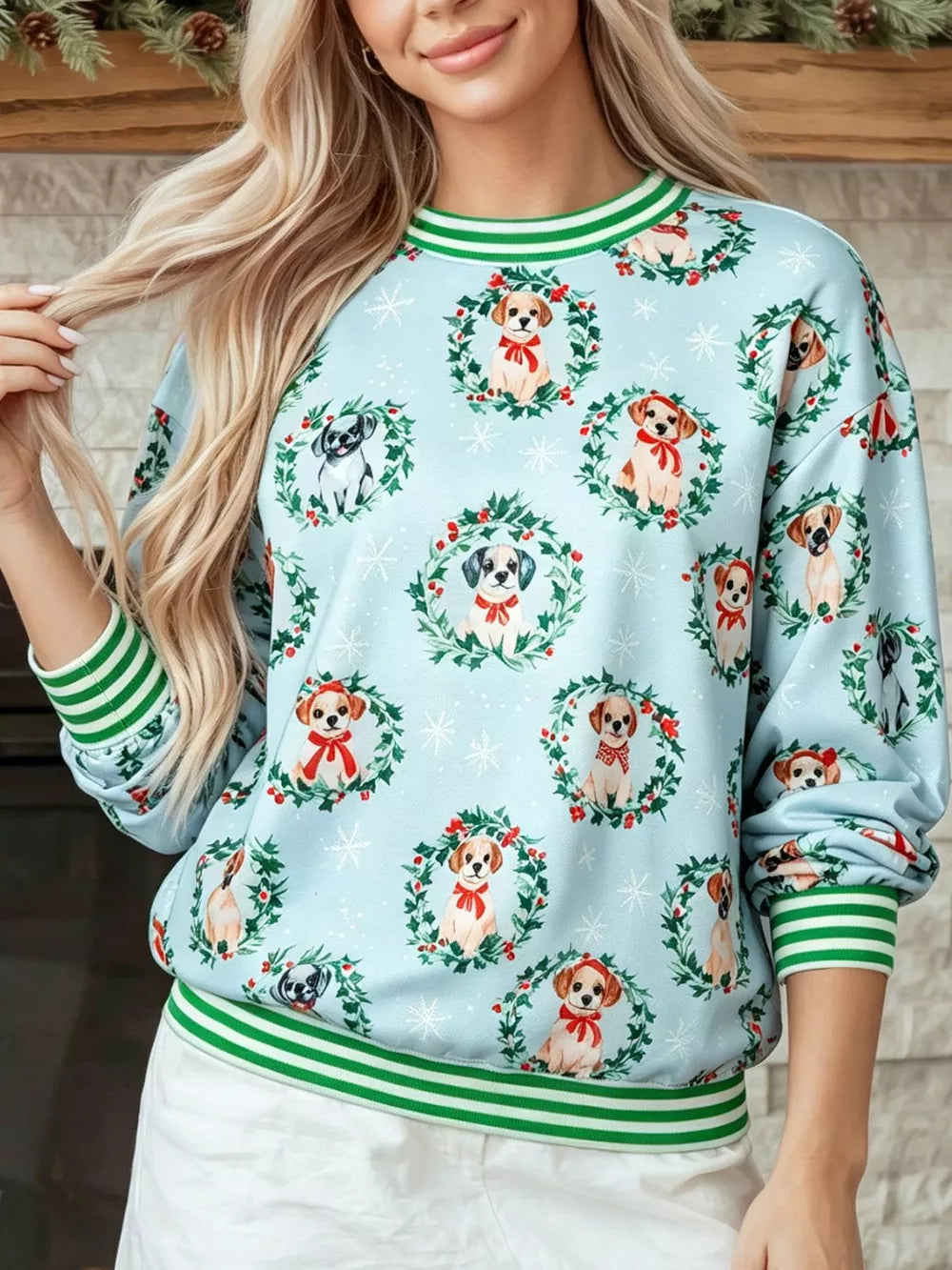 light blue sweatshirt with dog print and round neck