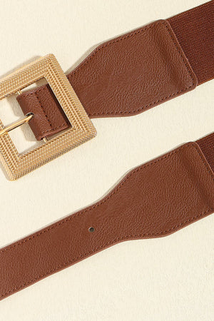 Brown elasticated waist belt with textured gold square buckle and faux leather detailing.