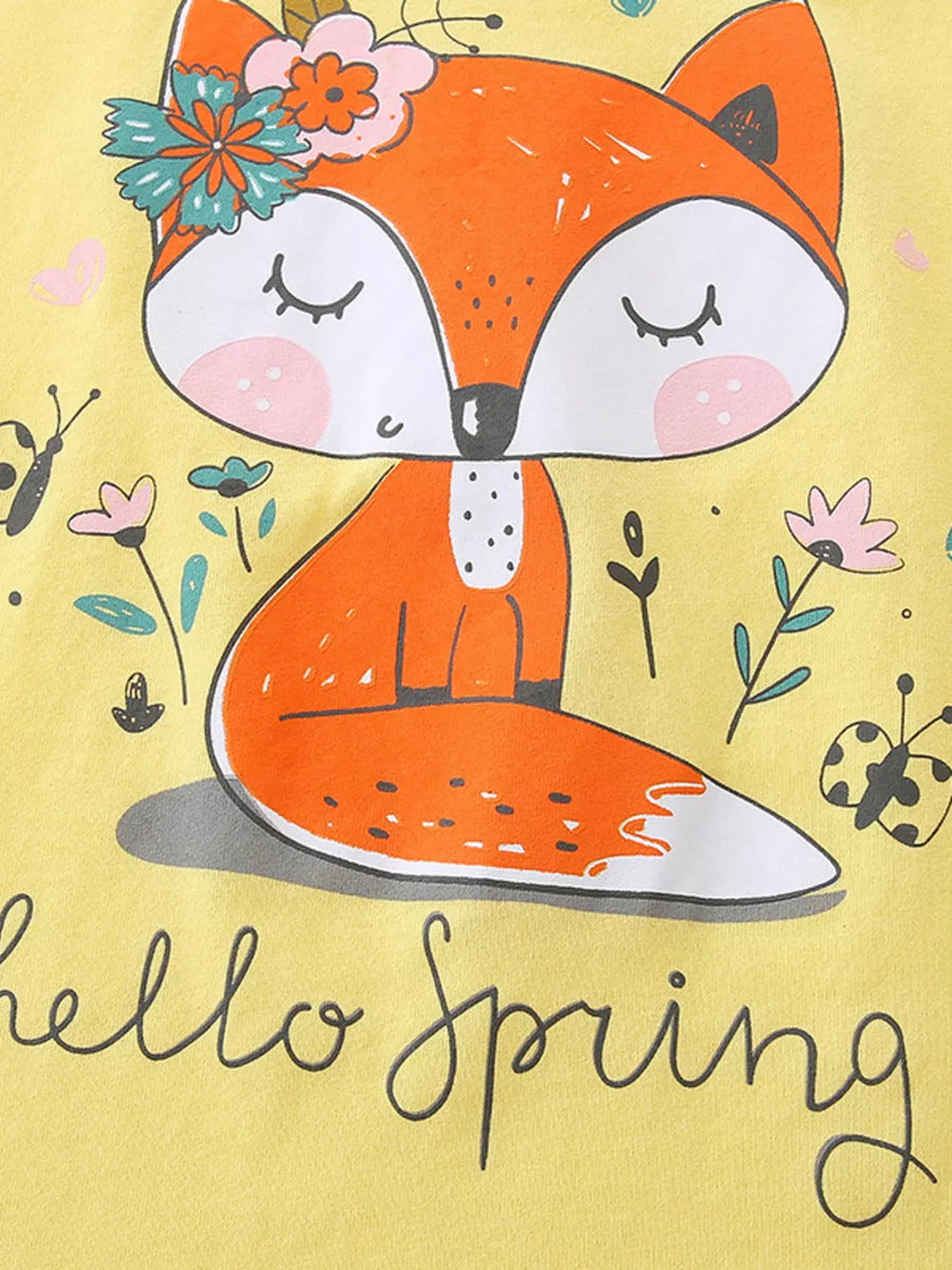 Yellow cotton blend toddler graphic tee with a cute fox and floral print.