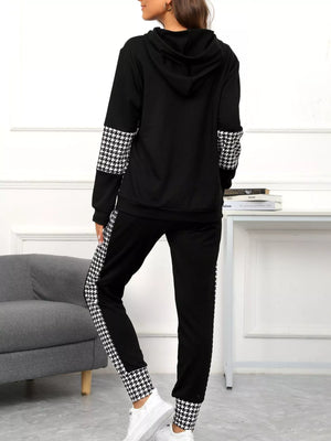 Black houndstooth hoodie and pants set with drawstring and contrast trim