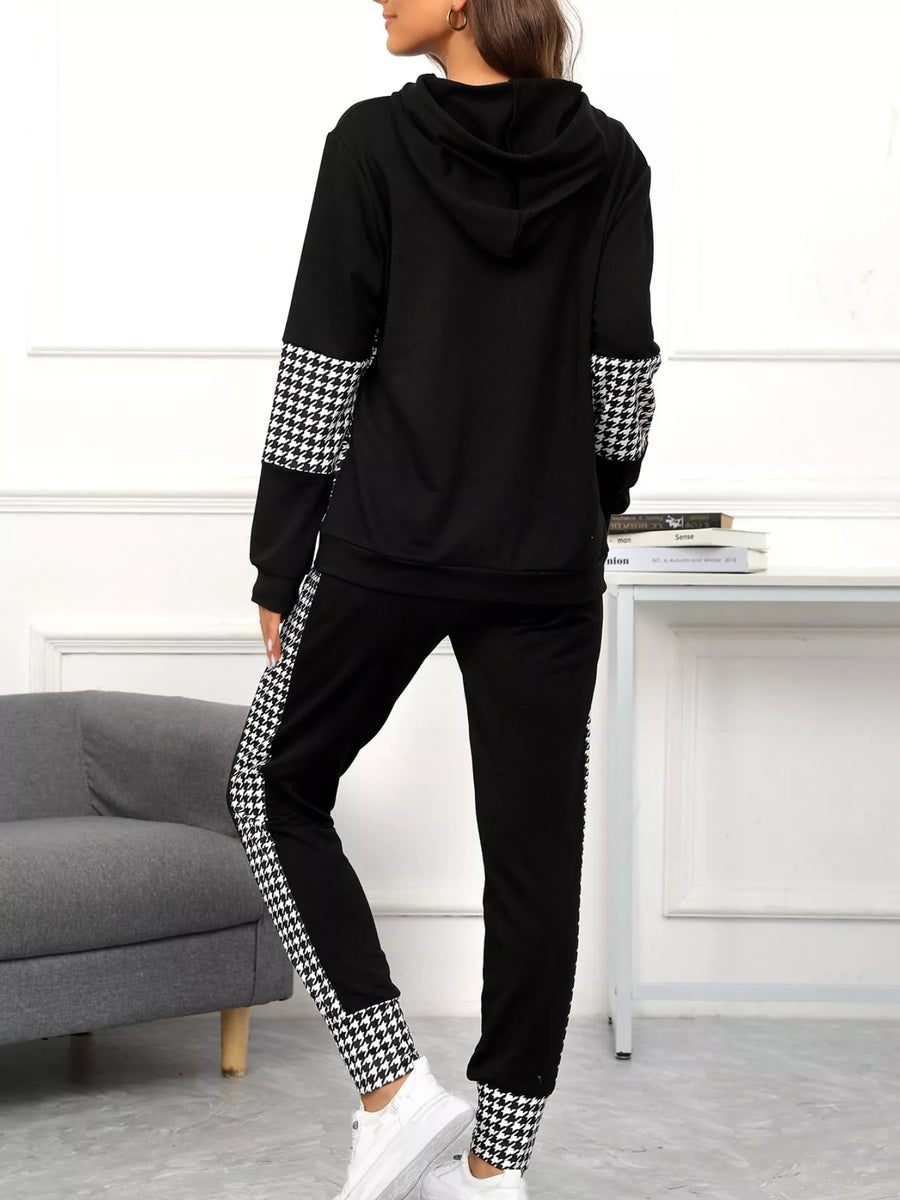 Black houndstooth hoodie and pants set with drawstring and contrast trim