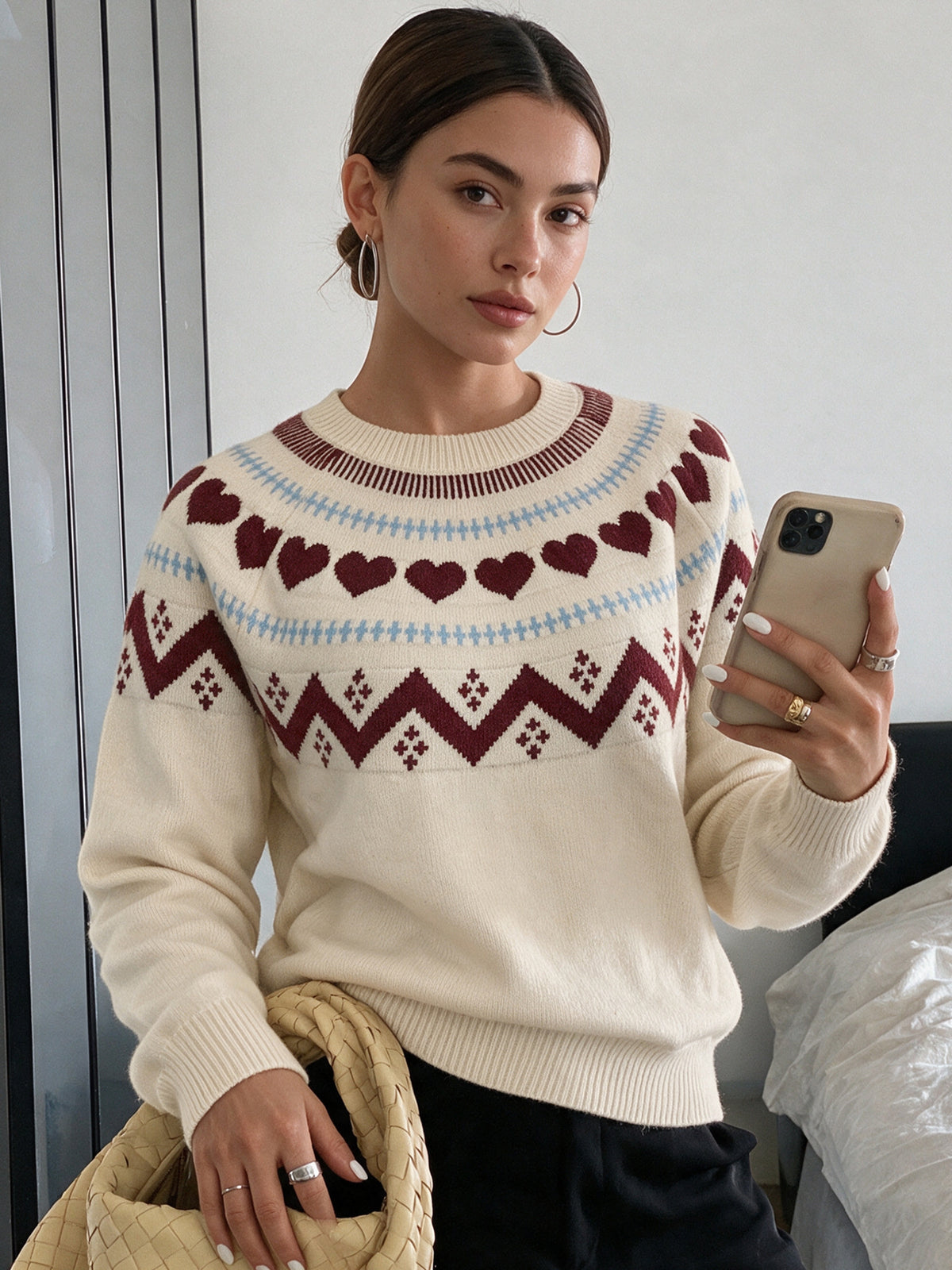 cream crewneck sweater with fair isle and crew neck